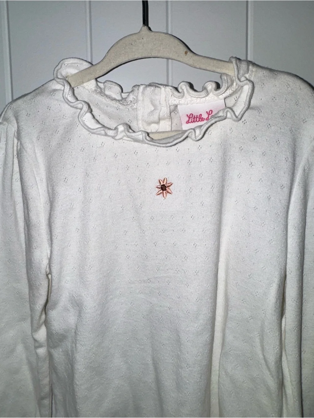 Little Lass Cream Ruffle-Neck Long Sleeve Top with Star Embroidery
